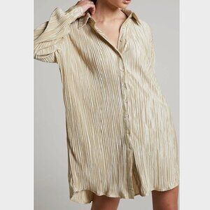 Pleated long sleeve satin shirt dress